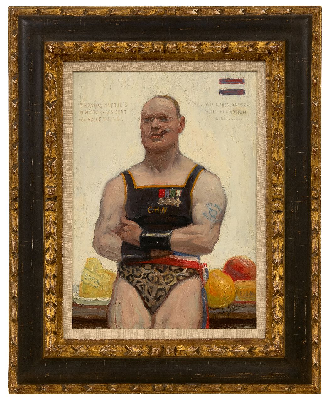 Stevens A.  | Aimé Stevens | Schilderijen te koop aangeboden | Satirisch portret van Maurits van Vollenhoven, olieverf op schildersboard 32,9 x 24,0 cm, gesigneerd rechtsonder