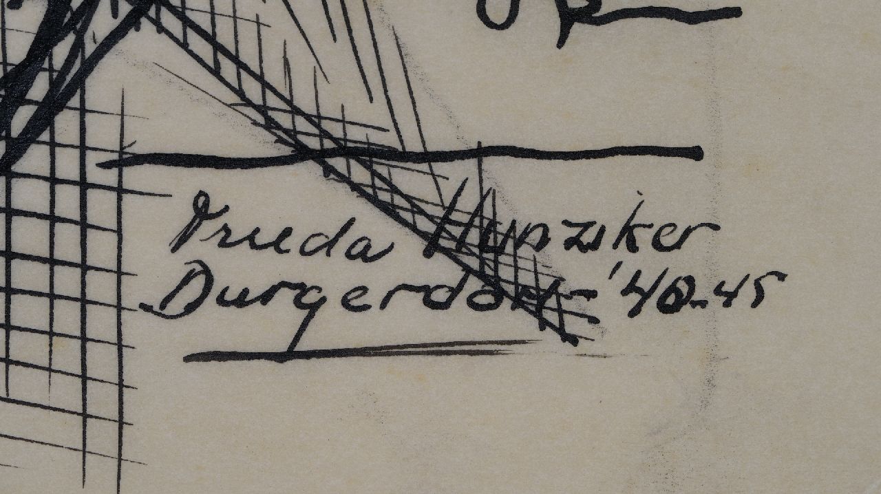 Frieda Hunziker signaturen Masten en drogende visnetten, Durgerdam
