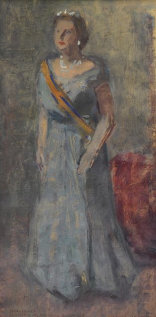 Kat O.B. de | Voorstudie voor portret van koningin Juliana, olieverf op papier 43,5 x 21,7 cm, gesigneerd r.o.