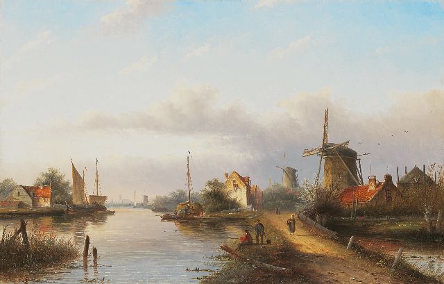 Spohler J.J.C.  | Hollands riviergezicht met molens en twee hengelaars, olieverf op doek 43,1 x 67,2 cm, gesigneerd l.o.