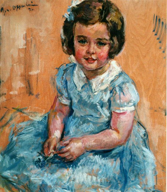 Oppenheimer J.  | Jong meisje in blauw jurkje, olieverf op paneel 75,0 x 63,0 cm, gesigneerd l.b. en gedateerd '36