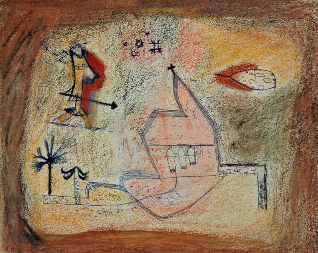 Nanninga J.  | Compositie met kerk, vgl. het schilderij 'Bebende Kapelle' uit 1924 van Paul Klee, ballpoint, gekleurd krijt en pastel op papier 22,0 x 27,0 cm, gesigneerd met verso genummerd atelierstempel (nr. 010)