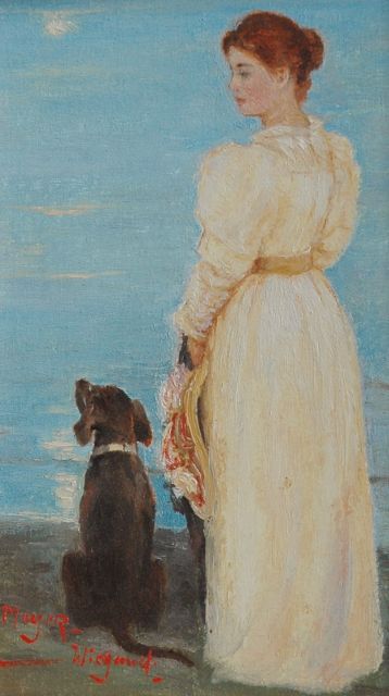 Meyer-Wiegand R.D.  | Vrouw met hond aan de vloedlijn, olieverf op paneel 16,0 x 20,0 cm, gesigneerd l.o.