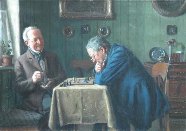 Barascudts M.  | Een potje schaken (schaak), olieverf op doek 35,5 x 50,0 cm, gesigneerd r.o.