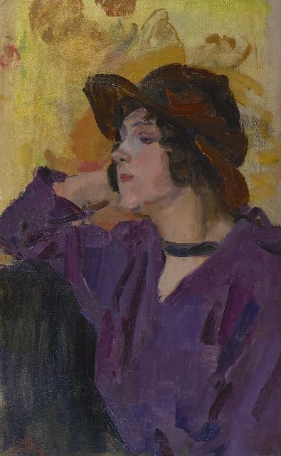 Israels I.L.  | Vrouw in paarse blouse voor Zonnebloemen van Van Gogh, olieverf op doek 65,1 x 40,5 cm, gesigneerd l.o. en te dateren ca. 1917