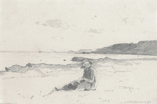Vreedenburgh C.  | Vrouw lezend op het strand, potlood en aquarel op papier 9,1 x 14,0 cm, gesigneerd r.o.