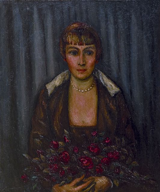 Wiegman M.J.M.  | Vrouw met boeket rozen, olieverf op doek 65,2 x 54,2 cm, gesigneerd r.o. en gedateerd 'Paris '20'