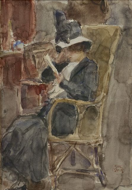 Israels I.L.  | Vrouw met hoed, lezend, aquarel op papier 50,7 x 35,4 cm, gesigneerd r.o.