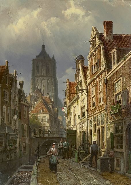 Koekkoek W.  | Hollands stadsgezicht met de toren van de Brielse St. Catharinakerk, olieverf op doek 60,0 x 43,8 cm, gesigneerd r.o.