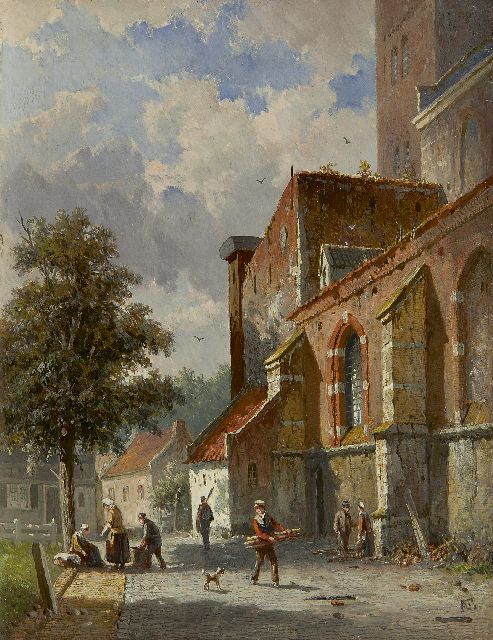 Adrianus Eversen | Zonnig straatje achter de kerk, olieverf op paneel, 27,0 x 20,8 cm, gesigneerd r.o. met monogram