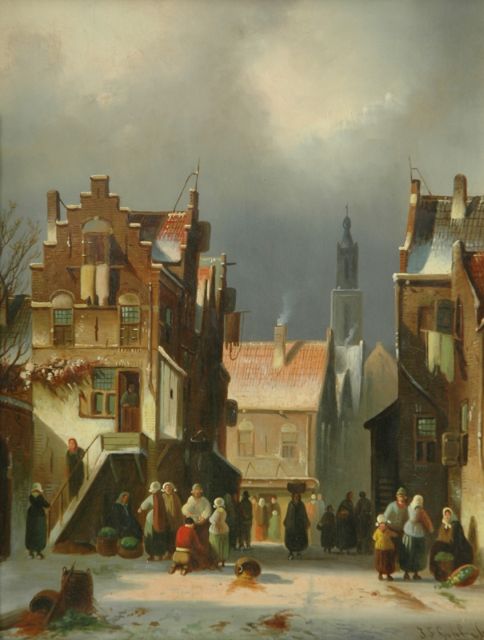 Johannes Franciscus Spohler | Winters stadsgezicht met figuren - i.o., olieverf op paneel, 36,0 x 28,1 cm, gesigneerd r.o.
