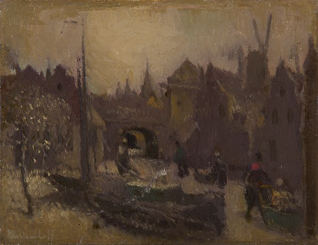 Daalhoff H.A. van | Schaatsers op een stadsgracht, olieverf op paneel 14,0 x 18,2 cm, gesigneerd l.o.