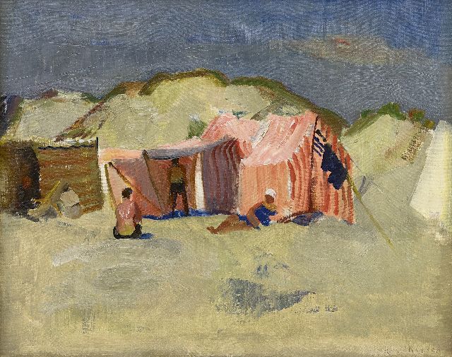 Harrie Kuijten | Strand met tenten en baders, olieverf op doek, 34,3 x 43,3 cm, gesigneerd r.o.