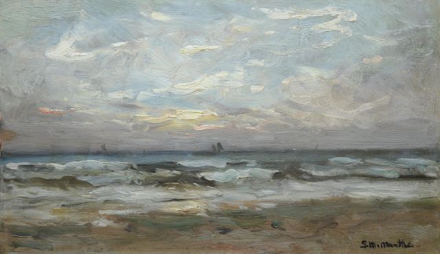 Munthe G.A.L.  | De Noordzee bij Katwijk, olieverf op schildersboard 25,0 x 42,1 cm, gesigneerd r.o.