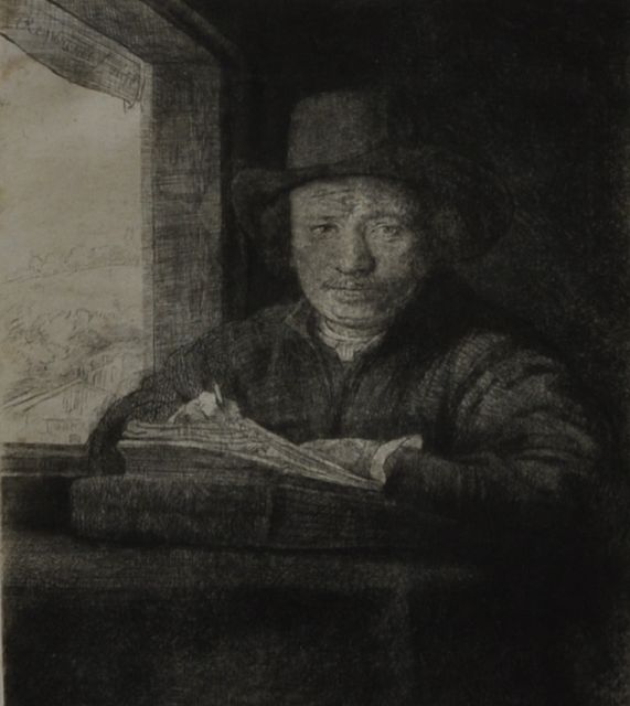 Rembrandt (Rembrandt Harmensz. van Rijn)   | Zelfportret, etsend bij een raam, ets en droge naald op papier 15,8 x 12,9 cm, gesigneerd l.b. in de plaat en gedateerd 1648 in de plaat