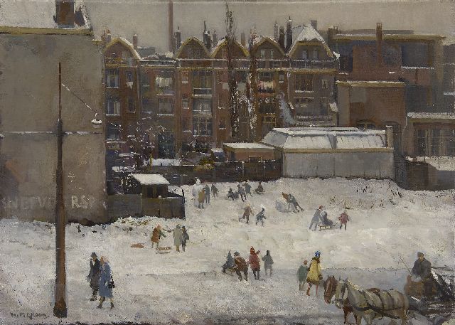 Groen H.P.  | Sneeuwpret in Rotterdam (waarschijnllijk langs de brandgrens van 14 mei 1940), olieverf op doek 50,4 x 70,5 cm, gesigneerd l.o.