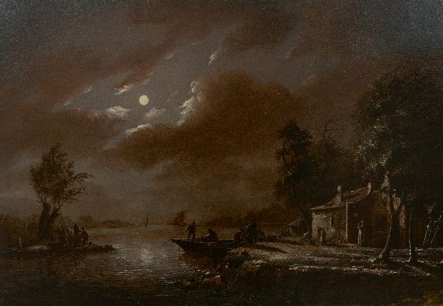 Heijningen J.B. van | Overzetveer bij maanlicht, olieverf op paneel 20,5 x 29,2 cm, gesigneerd l.o. en zonder lijst