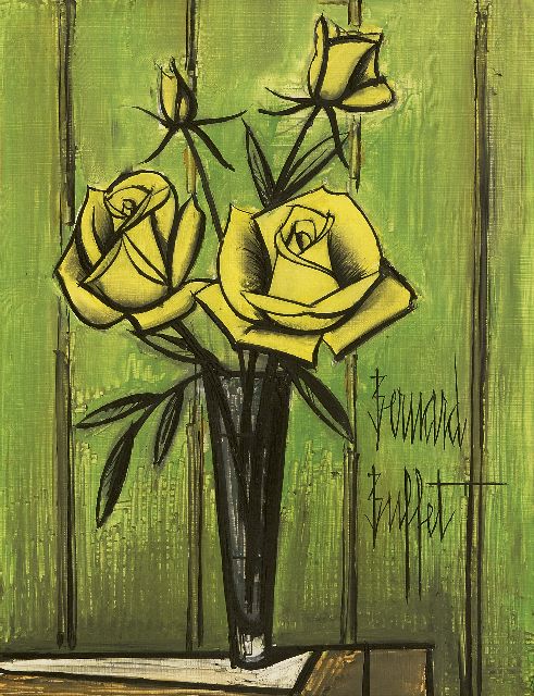 Buffet B.  | Roses jaunes fond vert, olieverf op board 34,9 x 27,0 cm, gesigneerd r.o. en te dateren eind jaren '60
