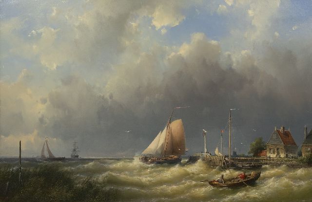 Koekkoek J.H.B.  | Zeilschepen op woelige zee langs de kust, olieverf op doek 65,0 x 102,7 cm, gesigneerd l.o. en gedateerd 1862