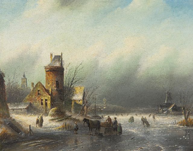 Jacob Jan Coenraad Spohler | Winterlandschap met schaatsers op een rivier, olieverf op paneel, 21,5 x 27,1 cm, gesigneerd l.o.