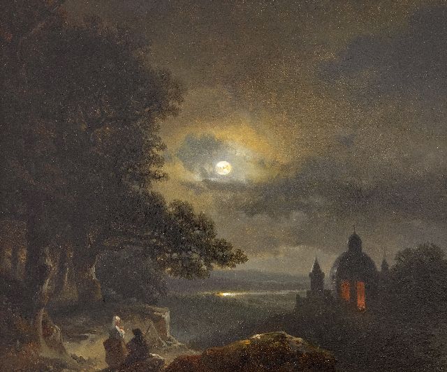Kuhnen P.L.  | Een jong paar nabij een nachtelijke riviervallei bij volle maan, olieverf op paneel 18,1 x 21,3 cm, gesigneerd l.o.