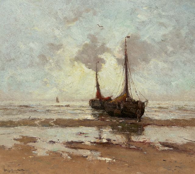 Munthe G.A.L.  | Bomschuiten voor anker op het strand, olieverf op doek 57,0 x 64,3 cm, gesigneerd l.o. en gedateerd 1914