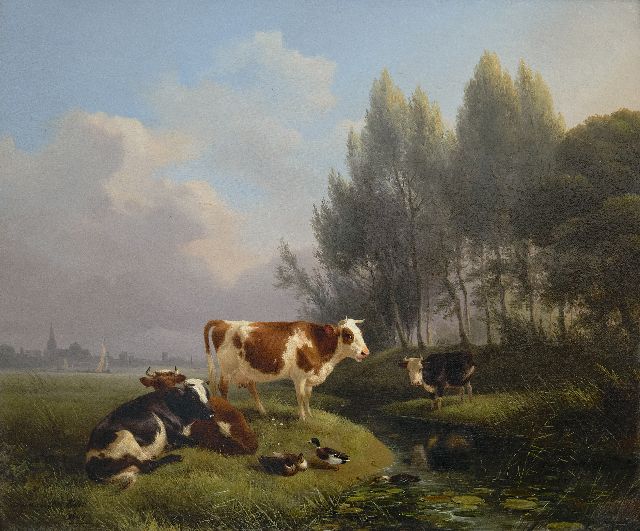 Ronner-Knip H.  | Rustend vee in een wei, Den Bosch in de verte, olieverf op paneel 33,0 x 39,2 cm, gesigneerd l.o. en gedateerd 1845