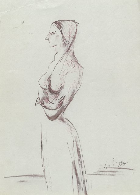 Gabriel van Schnell | Portet van een staande dame met hoofddoek, inkt op papier, 22,8 x 17,7 cm, gesigneerd met initialen en gedateerd 1936