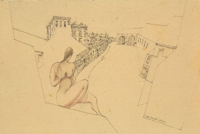 Gabriel van Schnell | Studie van vrouwelijk naakt voor een stad, inkt en aquarel op papier op board, 24,0 x 35,7 cm, gesigneerd r.o. en gedateerd 'July 1929', zonder lijst