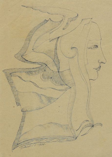 Gabriel van Schnell | Gevleugelde vrouwenkop; verso bloemen, pen, inkt en aquarel op papier, 18,5 x 13,0 cm, gesigneerd gesigneerd Gabriel v S en gedateerd 1946, zonder lijst