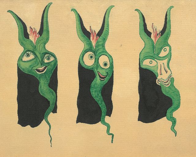 Gabriel van Schnell | Drie groteske figuren I, inkt en aquarel op papier op board, 24,6 x 30,3 cm, zonder lijst