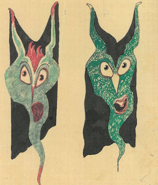 Gabriel van Schnell | Twee groteske figuren II, inkt en aquarel op papier, 20,1 x 16,8 cm, zonder lijst