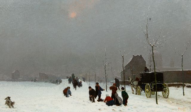 Chenu (Augustin Pierre Bienvenu Chenu) F.  | Sneeuwdag bij het Hotel-Dieu in Lyon, olieverf op doek 79,0 x 134,0 cm, gesigneerd r.o. en gedateerd 1867