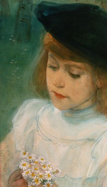 Rink P.Ph.  | Meisje met margrietjes, aquarel op papier 45,0 x 24,0 cm, gesigneerd r.o.