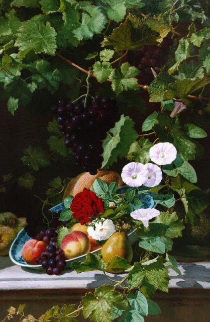 Ottesen O.D.  | Fruitschaal onder wijnrank, olieverf op paneel 81,4 x 51,3 cm, gesigneerd r.o. en gedateerd 1887