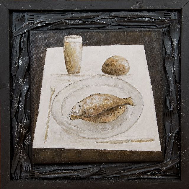 Hemert E. van | Het kunstenaarsontbijt, acryl op doek 57,0 x 57,0 cm, gesigneerd r.o. op mes met monogram en gedateerd MMXVII