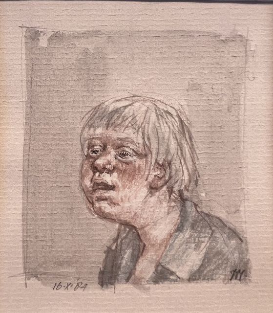Vos P.A.C.A.  | Portret van een jongen, potlood en aquarel op papier 11,7 x 10,1 cm, gesigneerd r.o. (in potlood) en gedateerd 16.X.'84  gratis bij 'plassende man'