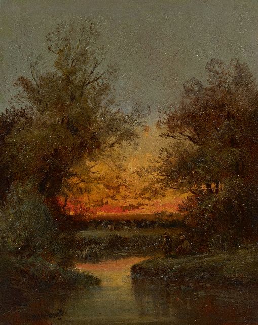 Henri van Wijk | Vissers bij zonsondergang, olieverf op paneel, 24,2 x 19,0 cm, gesigneerd l.o. en zonder lijst