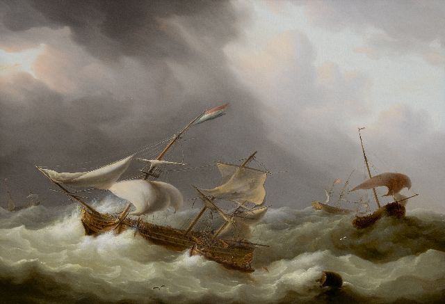 Schouman M.  | Zeilschepen in een storm, olieverf op paneel 51,1 x 71,7 cm, gesigneerd l.o.