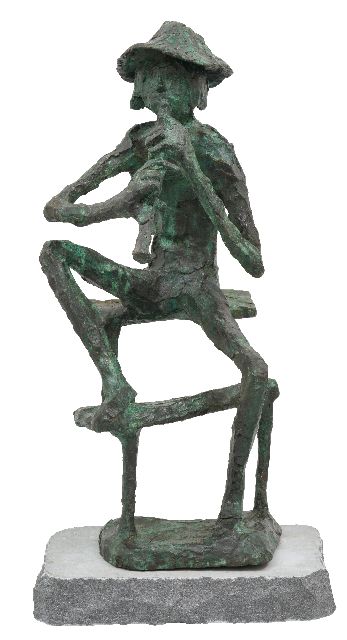 Jits Bakker | Fluitspeler, brons, 86,5 x 44,0 cm, gesigneerd op basis