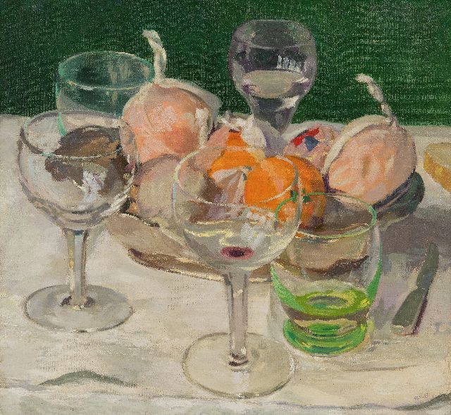 Geraldo Brender à Brandis | Stilleven met glazen en fruit, olieverf op doek, 40,8 x 43,6 cm, gesigneerd r.o. met initialen