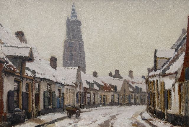 Bakels R.S.  | Winters gezicht in Amersfoort met de Onze Lieve Vrouwetoren, olieverf op doek 91,8 x 131,8 cm, gesigneerd r.o. en te dateren ca. 1920