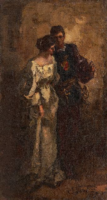 Rob Graafland | Op weg naar het bal, olieverf op doek op paneel, 38,6 x 21,3 cm, gesigneerd r.o. en gedateerd 1905