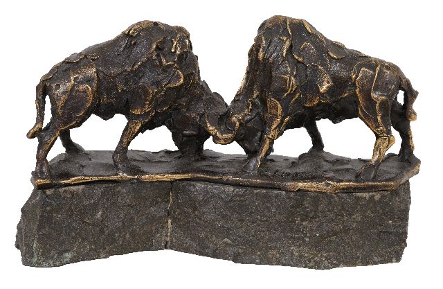 Jits Bakker | Twee bizons, brons, 15,5 x 25,0 cm, gesigneerd op basis