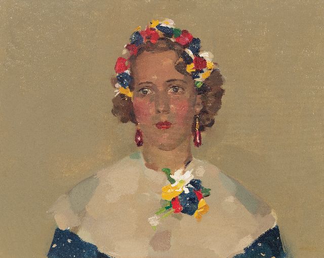 Frits Verdonk | Jonge vrouw met bloemenkrans in haar, olieverf op doek