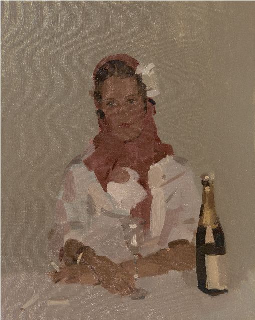 Frits Verdonk | Vrouw met sigaret en champagnefles, olieverf op doek, 50,2 x 40,1 cm