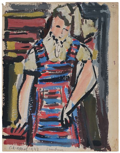 Appel C.K.  | Jonge vrouw in gestreepte jurk, gouache op papier 24,8 x 19,9 cm, gesigneerd l.o. en gedateerd 1943