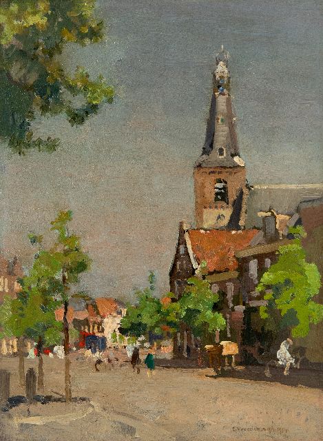 Cornelis Vreedenburgh | Gezicht op Weesp met de toren van de Laurenskerk, olieverf op paneel, 28,5 x 21,3 cm, gesigneerd r.o. en gedateerd 1934