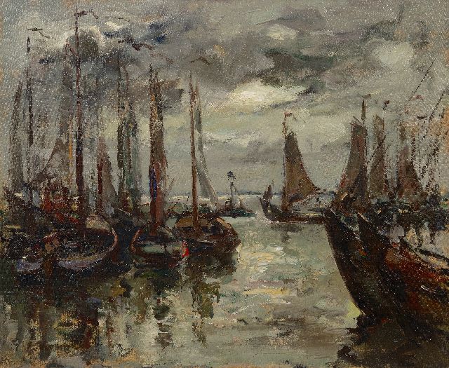 Jan Korthals | Afgemeerdebotters in een Zuiderzeehaven, olieverf op doek, 50,5 x 60,2 cm, gesigneerd l.o.