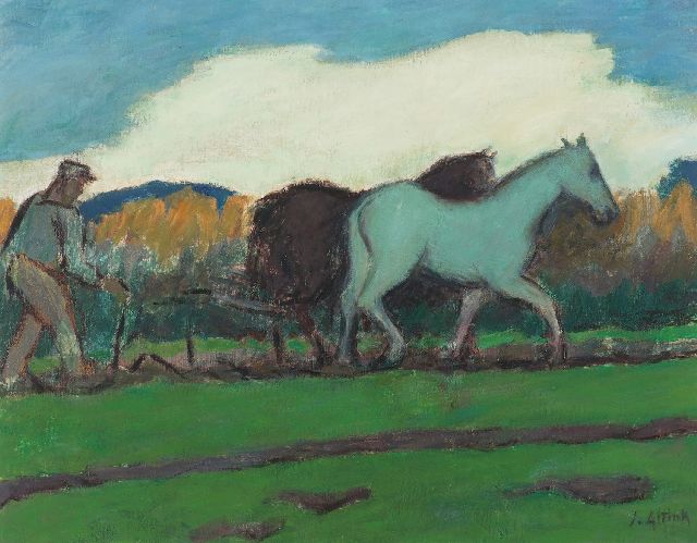 Jan Altink | Ploegende boer met paarden, wasverf op doek, 55,0 x 70,0 cm, gesigneerd r.o.